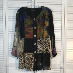 Caleoas Patchwork Multicolor Embroidered Scoop Neck Long Sleeve Tunic Blouse XL